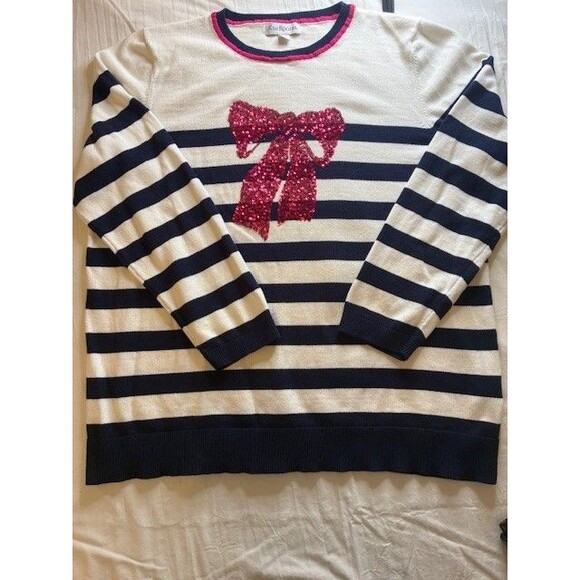 Kim Rogers Intarsia Stripe Crewneck Sweater Sequin Bow Graphic White Blue XLarge - Picture 1 of 5